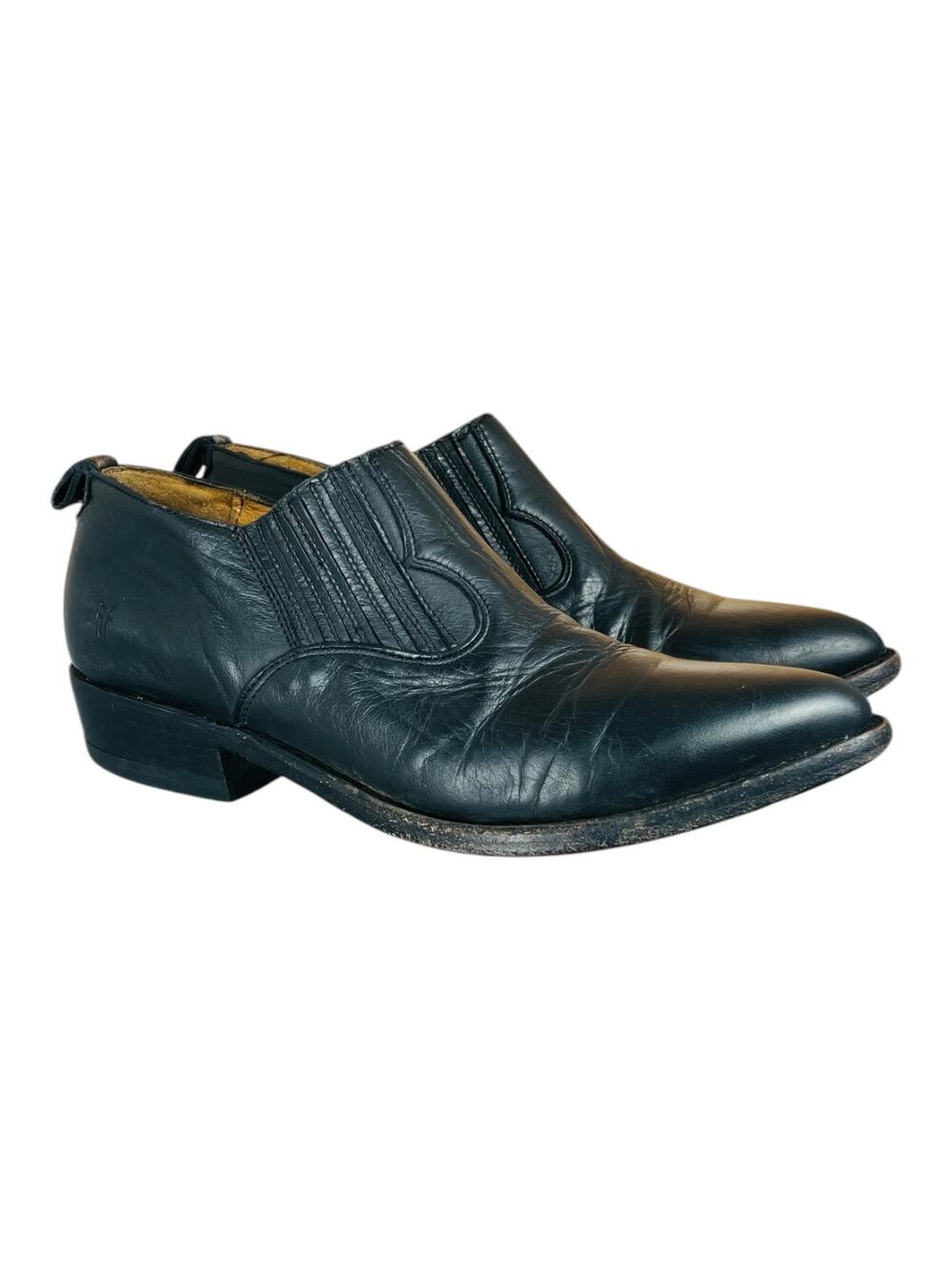 Frye Billy Black Leather Western Ankle Booties Slip On Pointed Toe Size 8.5 B